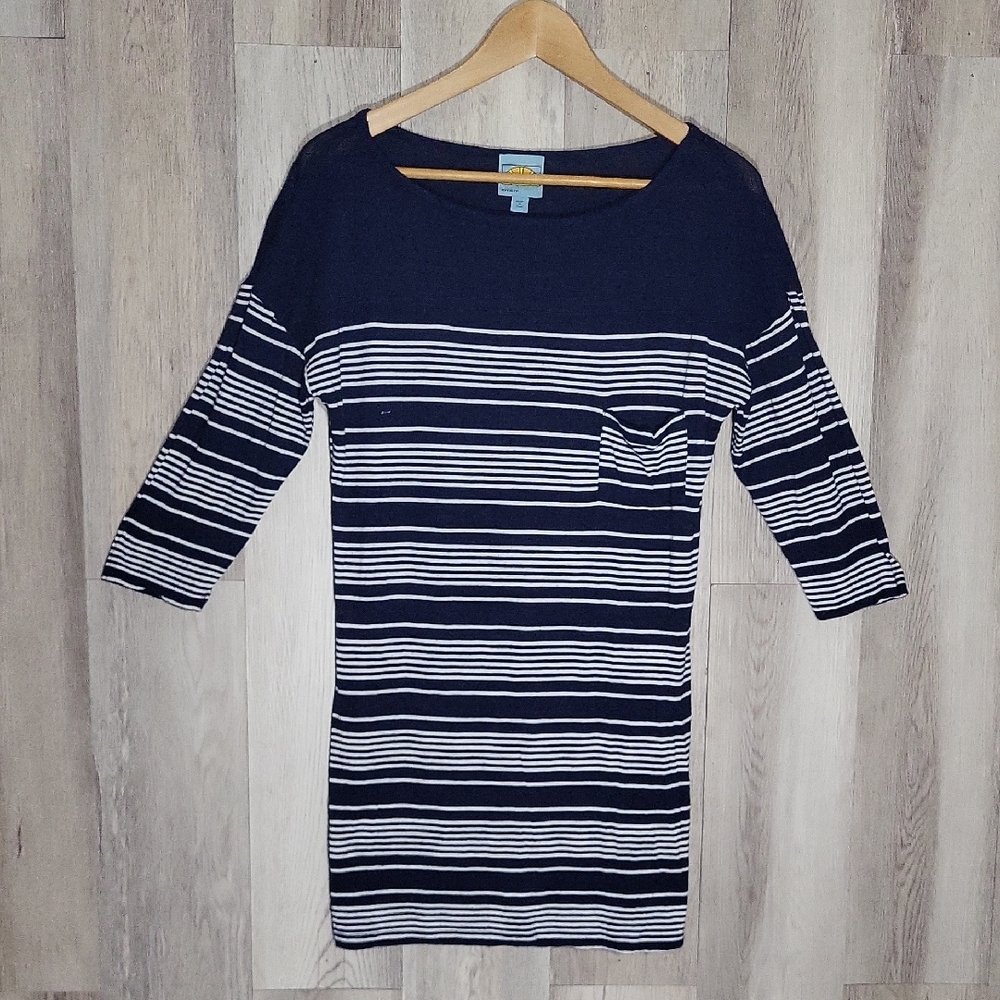 C&C California Womens Small Tunic Navy White Stripe Lightweight 3/4 Sleeve‎